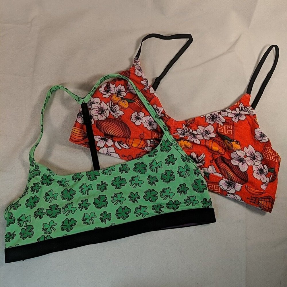 2 MeUndies Wireless Bras Green Clovers Orange Chinese Japanese Flowers Medium M